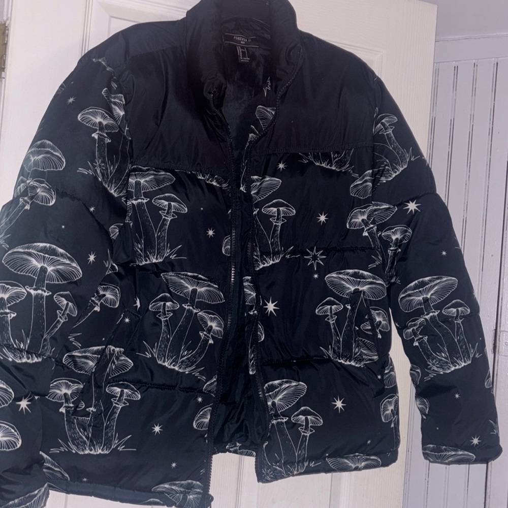 Navy blue Puffer Jacket with Mushroom Print